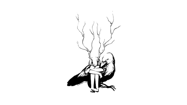 black bird and antler illustration, fantasy art, copy space, studio shot