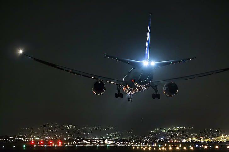 aircraft, airplane, Airport, Boeing, Boeing 777, landing, night