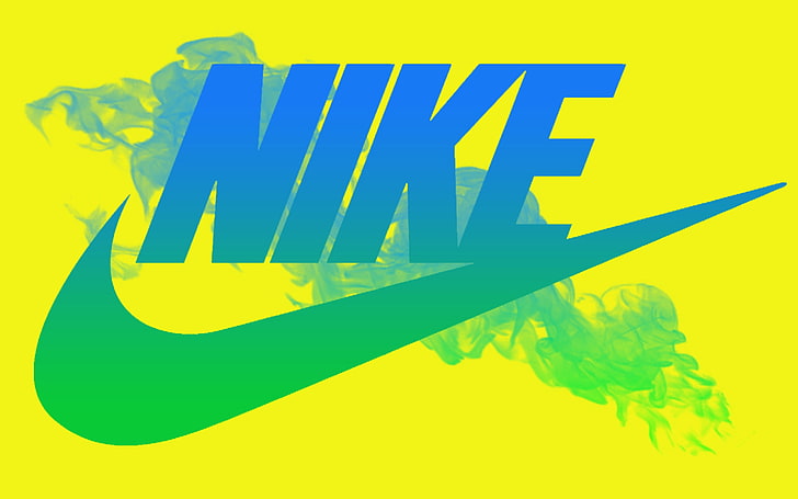 Nike logo, yellow, green color, no people, blue, colored background