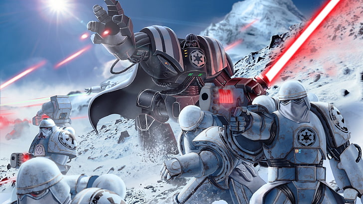 giant robot Darth Vader holding red lightsaber digital wallpaper