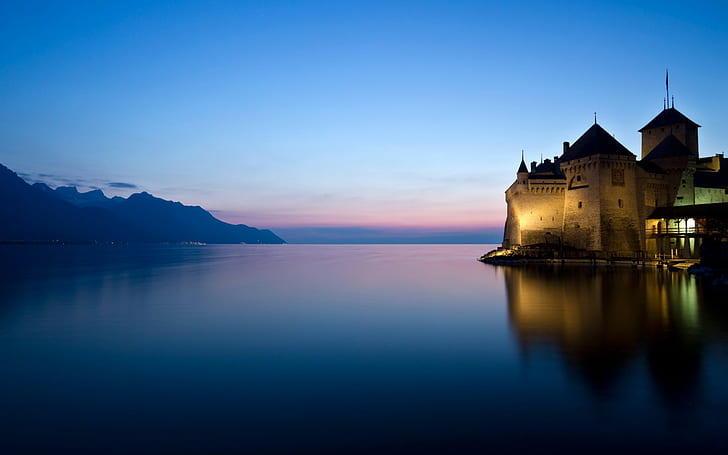 landscape, Chillon Castle, Lake Geneva, mountains, sunset, HD wallpaper