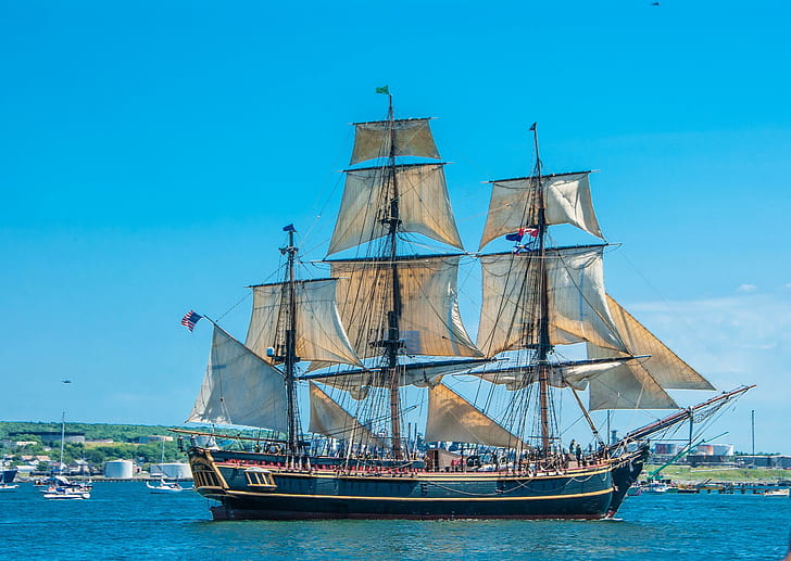 canada, ship, sail, halifax, regional, municipality, blue and brown wooden galleon