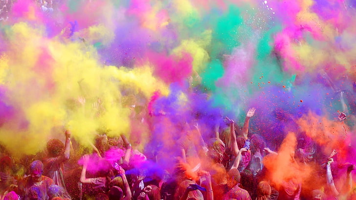 celebration, multi colored, holi, group of people, crowd, traditional festival, HD wallpaper
