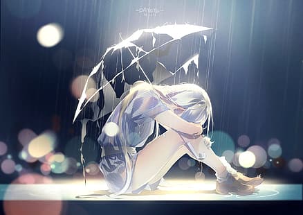 HD wallpaper: sad, rain, crying, umbrella, anime girls, white hair |  Wallpaper Flare