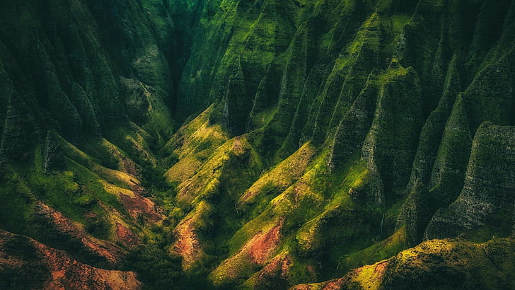 Nature, Landscape, Mountain, Valley, Kauai, Hawaii, Island, Cliff, grass covered mountain painting, HD wallpaper