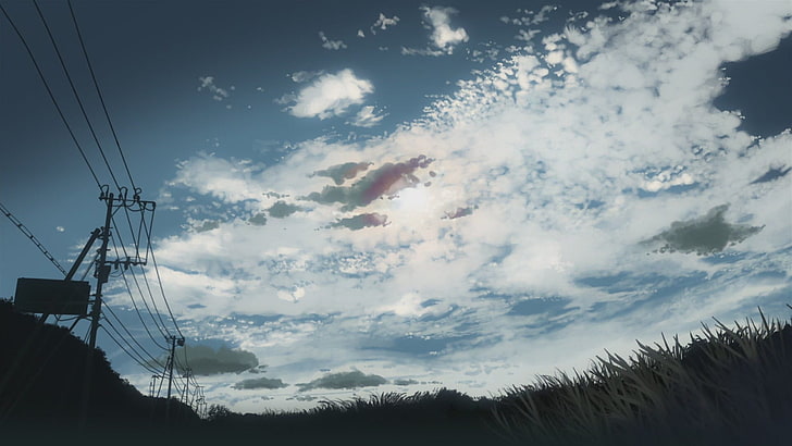 gray utility pole, 5 Centimeters Per Second, clouds, grass, power lines, HD wallpaper