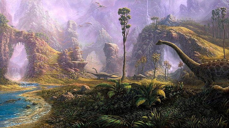 painting, dinosaur, jungle, forest, landscape, stream, mountain, HD wallpaper