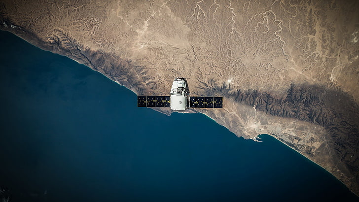 black and white man-made satellite, SpaceX, orbiter, water, architecture