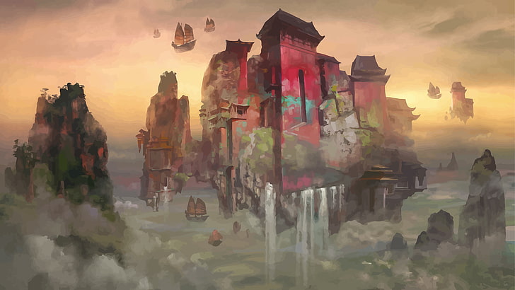 floating temple painting, songs, futuristic, fantasy art, clouds