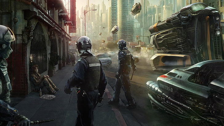 soldier illustration, cyberpunk, futuristic, police, artwork