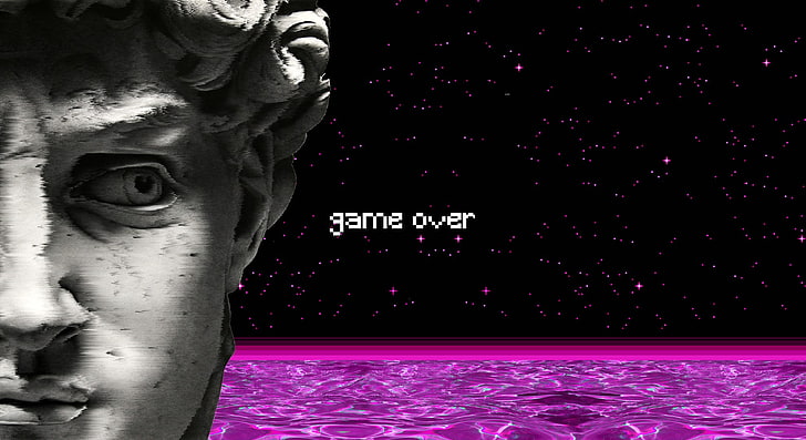 game over text, vaporwave, statue, water, spaceship, pixel art