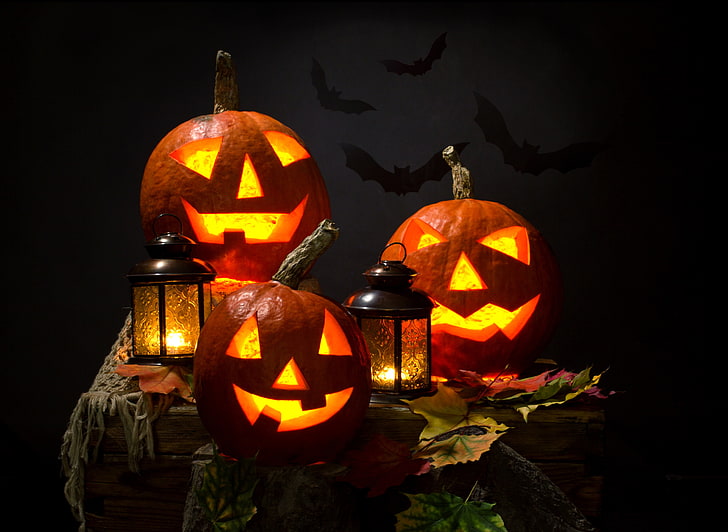 three orange Jack-'o-lanterns, autumn, leaves, night, candles, HD wallpaper