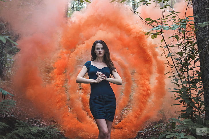 Niko Photographisme, women, 500px, smoke, dress, blue dress, HD wallpaper