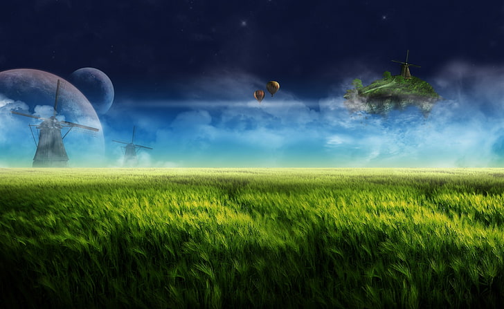 Floating Island And Windmill Blue, green field and windmill wallpaper