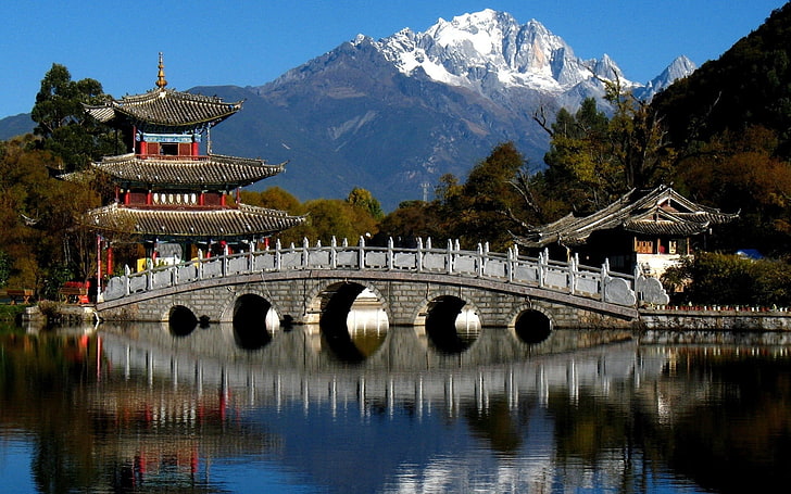 pagoda with bridge, China, water, mountains, architecture, built structure