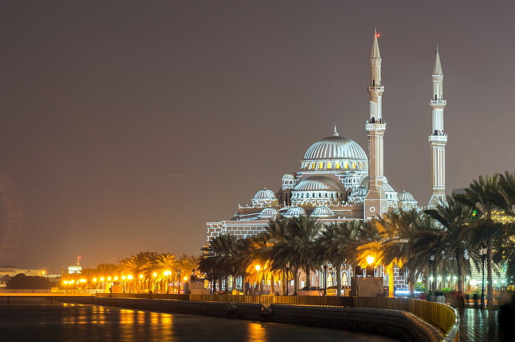 Mosques, Al Noor Mosque, Architecture, Building, Night, Sharjah, HD wallpaper