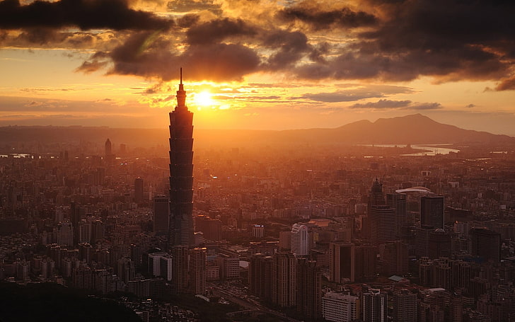 high rise building, city, skyscraper, cityscape, sunlight, Taipei, HD wallpaper