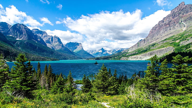 saint, mary, lake, mountain, glacier, national park, sun, HD wallpaper
