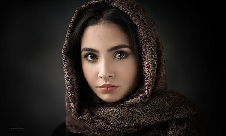 women, face, portrait, simple background, hoods, brunette, brown eyes, HD wallpaper