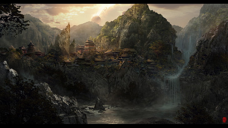 game digital wallpaper, fantasy art, waterfall, mountains, ruin