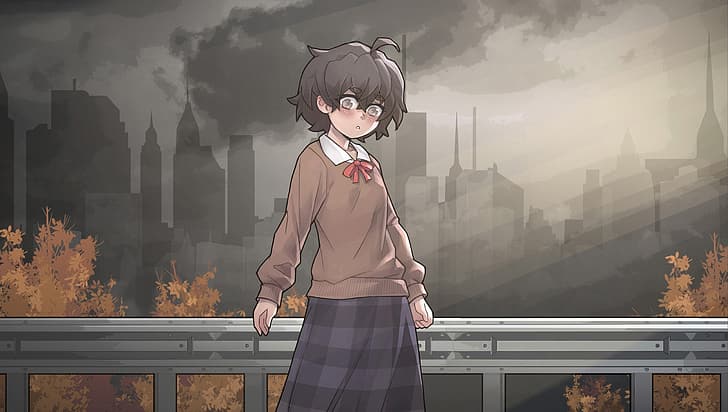 Blind Girl, city, animated character, smog, traffic barrier
