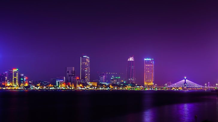 lighted building, city, bridge, night, lights, Vietnam, Danang