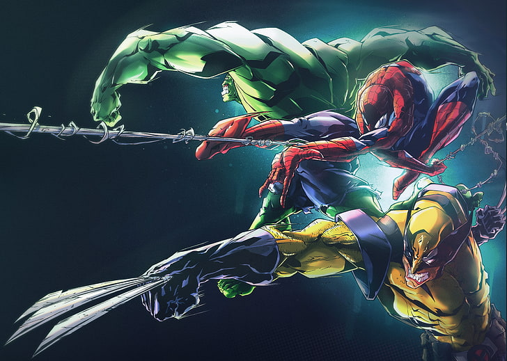 Spider-Man, The Incredible Hulk, and Wolverine digital wallpaper
