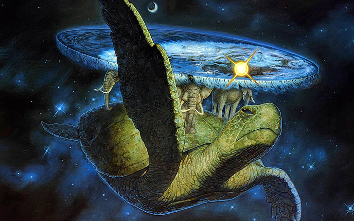green turtle clip art illustration, space, fantasy, elephants