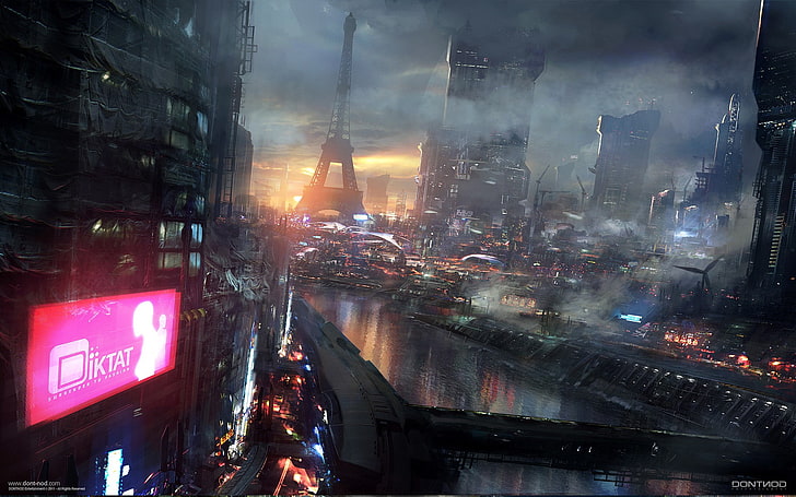 Eiffel Tower, Paris, fantasy art, cyberpunk, video games, city