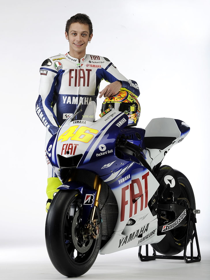 white and blue FIAT sports bike, Valentino Rossi, motorcycle