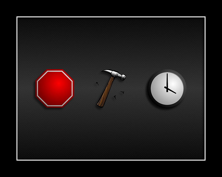 stop signage, hammer, and clock illustration, clocks, time, minimalism