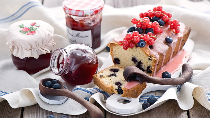 blueberries, bread, jelly, fruit, food, food and drink, eating utensil