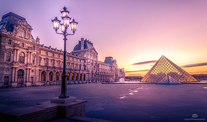 Louvre pyramid glass near building during sungset, city, art, HD wallpaper