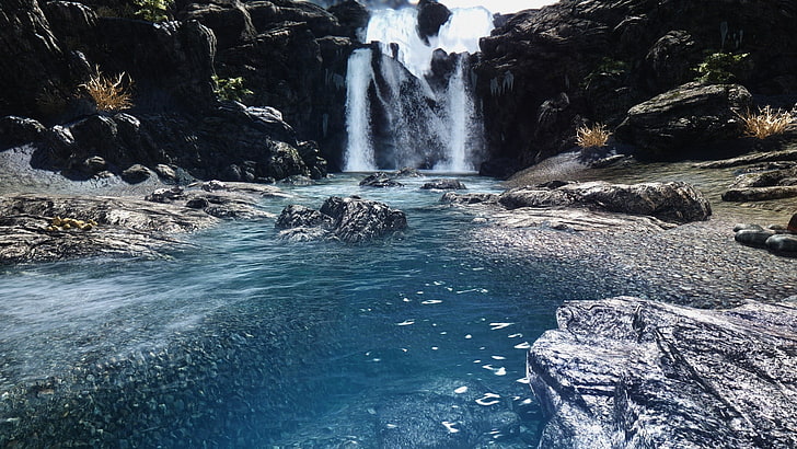 waterfalls, The Elder Scrolls V: Skyrim, river, video games, motion, HD wallpaper