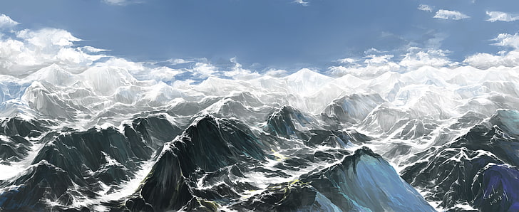 mountains, sky, clouds, drawing, snow, painting, artwork, beauty in nature