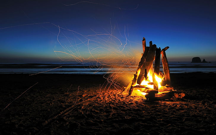 beach, camp, camping, fire, night, sparks, timelapse, HD wallpaper