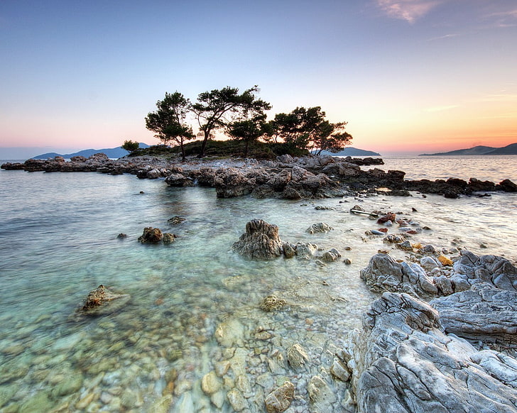 island, sea, Croatia, rocks, sunset, hills, water, sky, scenics - nature, HD wallpaper