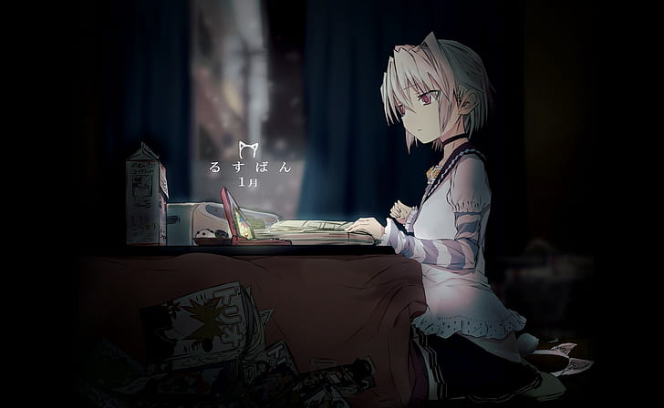 night, books, anime girls, table, original characters, HD wallpaper