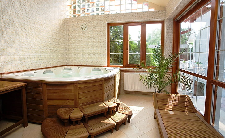 brown and white hot tub, design, style, interior, Jacuzzi, bathroom