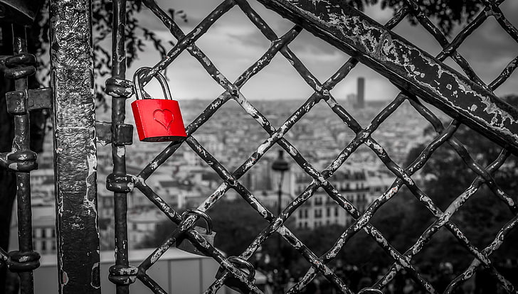 red padlock, Paris, fence, love, selective coloring, protection, HD wallpaper