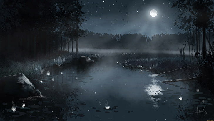 fantasy art, night, Moon