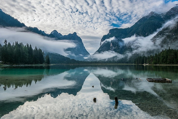 nature, landscape, lake, mountains, forest, clouds, calm, reflection