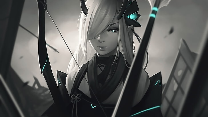 anime girl, archer, white hair, horns, elf ears, blu eyes, arrow