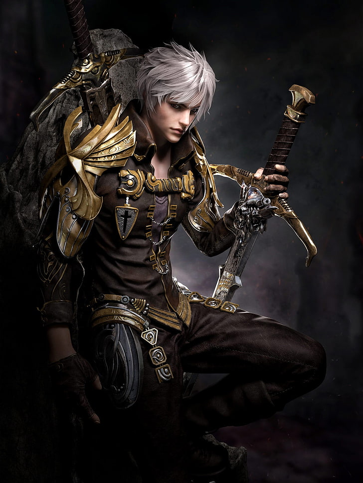 gray hair male illustration, sword, fantasy art, grey hair, armor