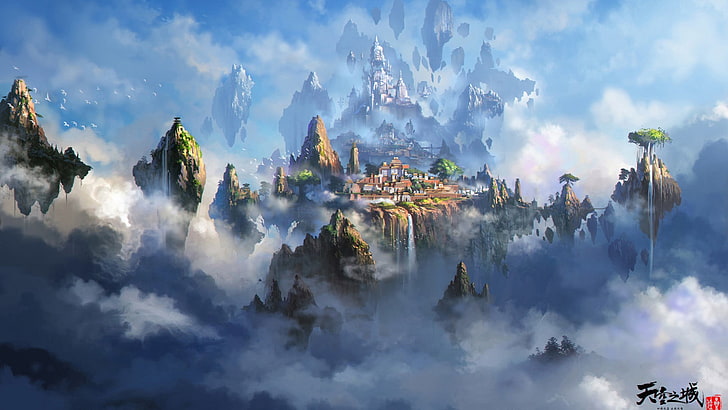fantasy floating city and mountains, sky, cloud - sky, beauty in nature
