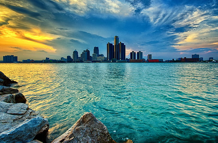 panoramic photo of building near body of water, detroit, detroit, HD wallpaper