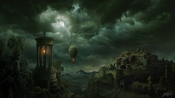 gray castle digital art, artwork, fantasy art, night, Moon, hot air balloons