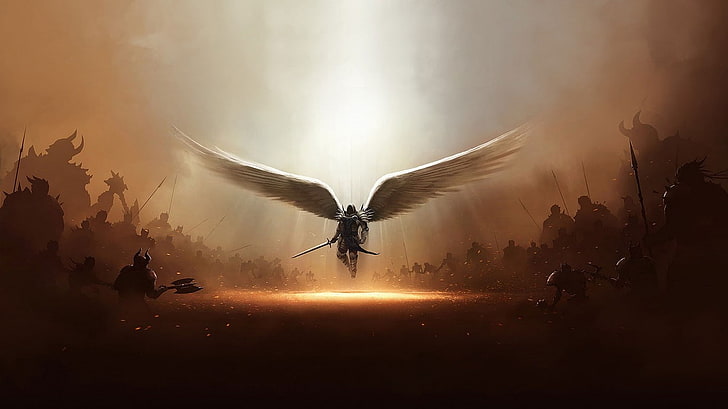 Tyrael, wings, Diablo III, video games, warrior, fantasy art, HD wallpaper