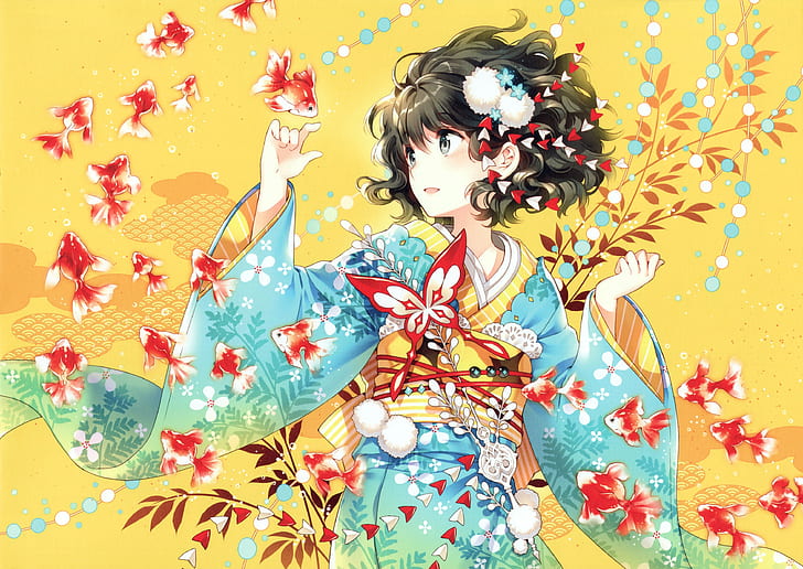 anime, anime girls, kimono, Japanese clothes, fish, original characters
