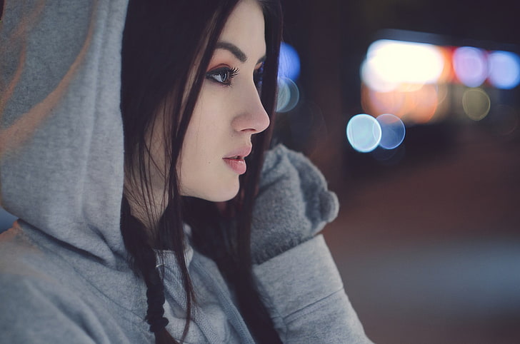 gray hoodie, women, face, hoods, looking away, brunette, young adult, HD wallpaper